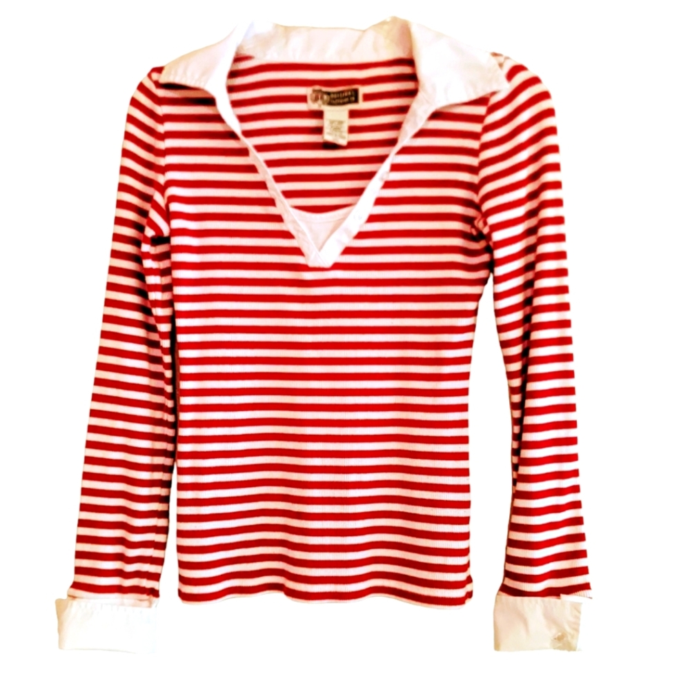 Route 66 Knit Top Trendy Stripes Collared V Neck Striped Red and White Sz. S